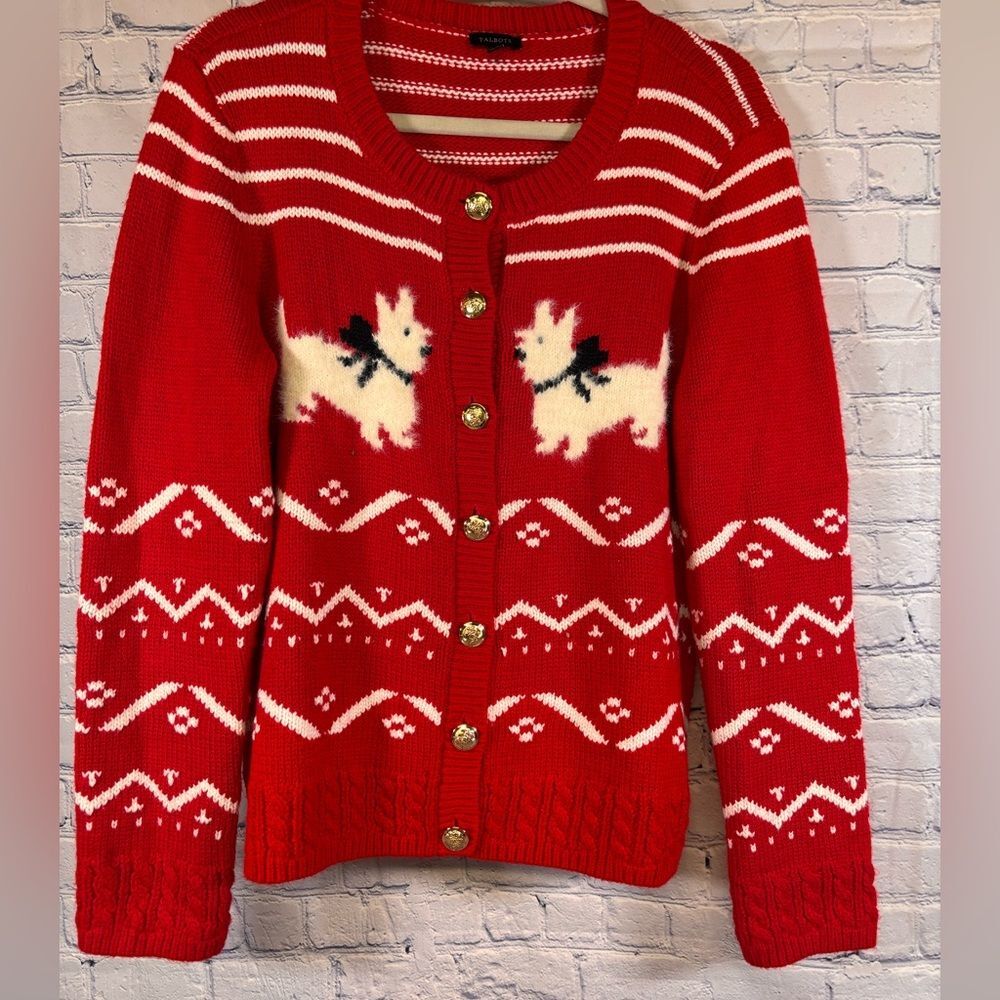 Talbots Red Scottie Dog Fair Isle Preppy Holiday Classic Cardigan Sweater L